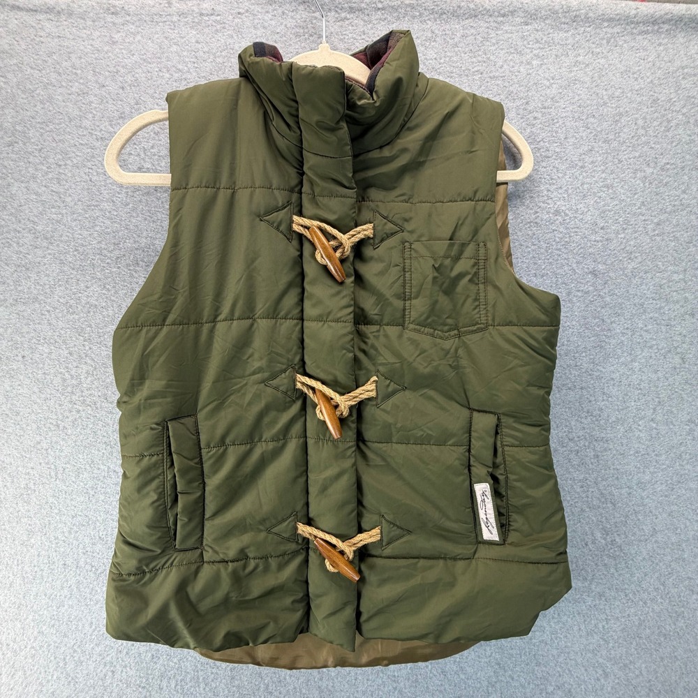 Legendary Whitetails Womens Small Olive Green Toggle Puffer Vest Plaid Lining